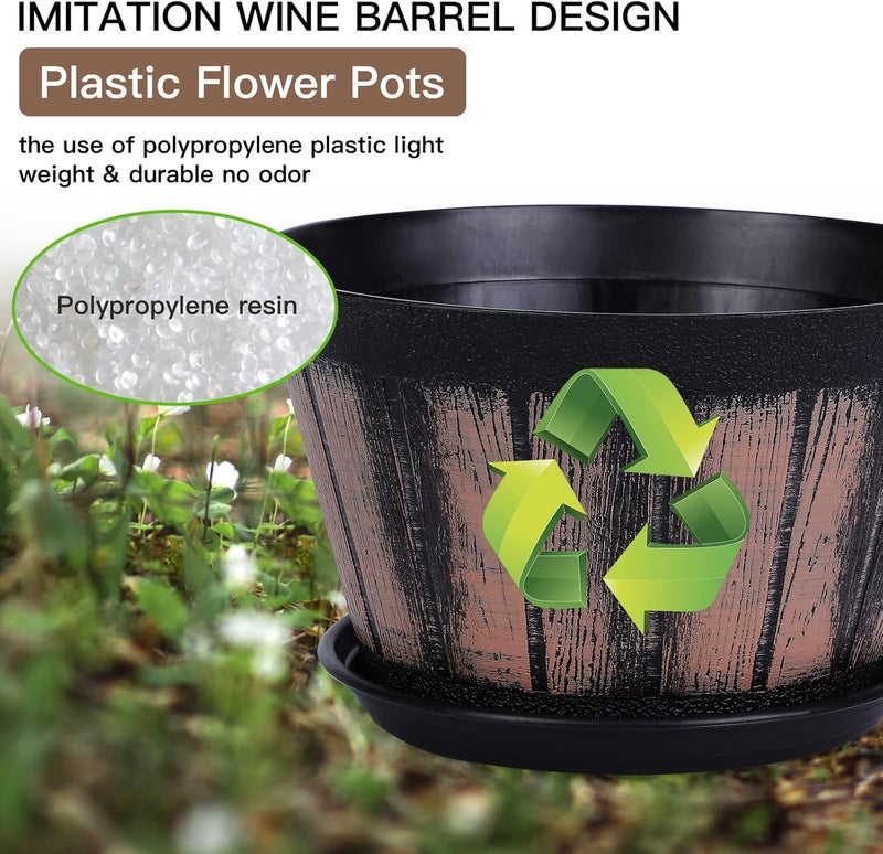 Quarut 8 inch Brown Plastic Whiskey Barrel Plant Pots Set of 4 with Drainage Holes and Saucer for Indoor and Outdoor Garden Home Plants - Image 3